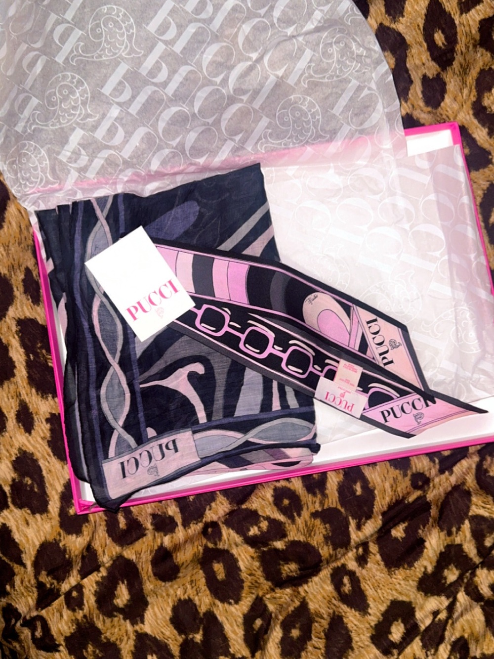 Emilio Pucci Pink and Black Patterned Silk Scarf